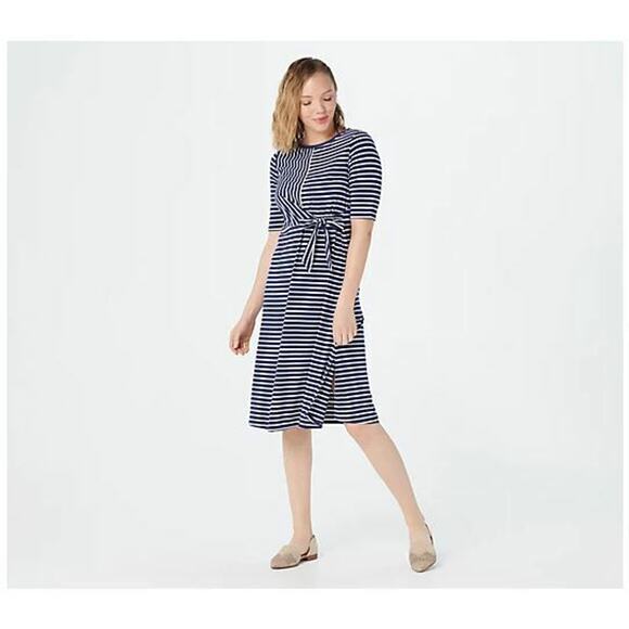 CUDDL DUDS NEW $40 Flexwear Draped Tie Front Dress Blue Stripe XS‎ - Picture 1 of 4